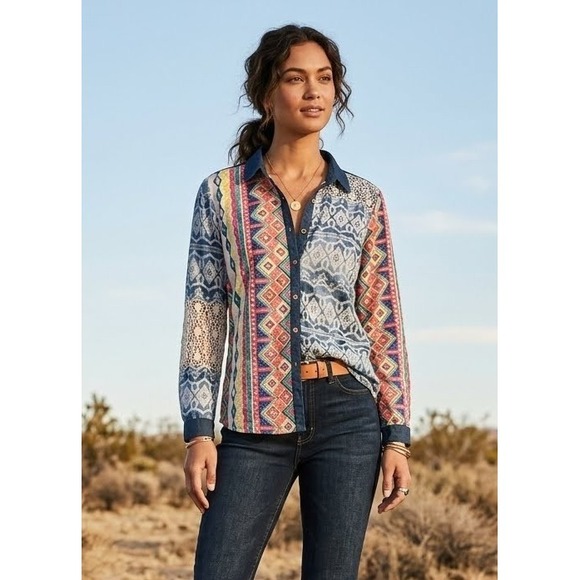 John Mark Tops - John Mark Embroidered Lace Patchwork Blouse Womens XL Multi Rayon Button Shirt